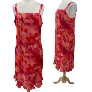 Vintage Y2k Floral Dress Square Neck Sleeveless Ruffle Hem Coral Pink Womens 12